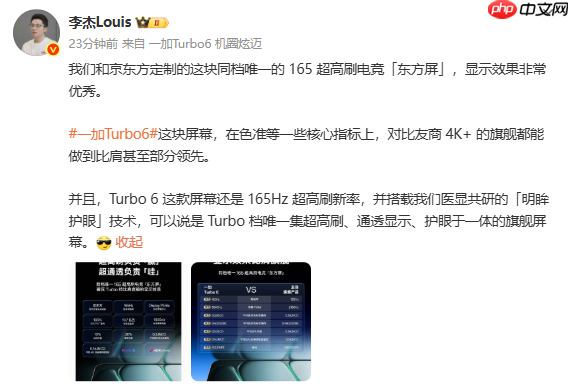 李杰:一加Turbo 6屏幕比肩友商4K+旗舰 甚至部分领先