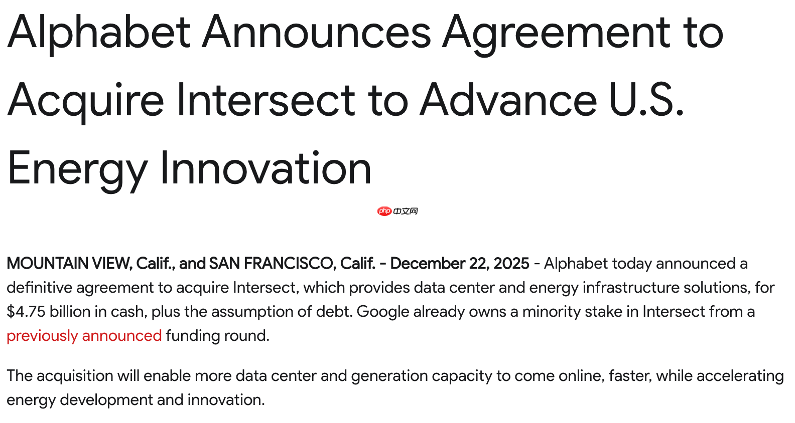 谷歌母公司 Alphabet 斥资 47.5 亿美元收购 Intersect,加速 AI 和数据中心扩张