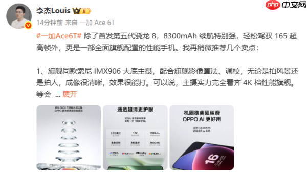 一加李杰：Ace 6T搭载索尼IMX906主摄 12月3日发布