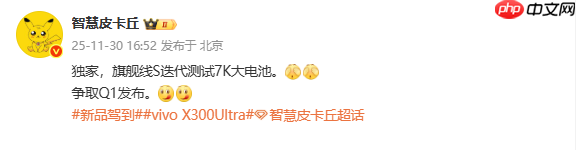 传vivo X300s将于明年一季度发布 配7000mAh级电池 