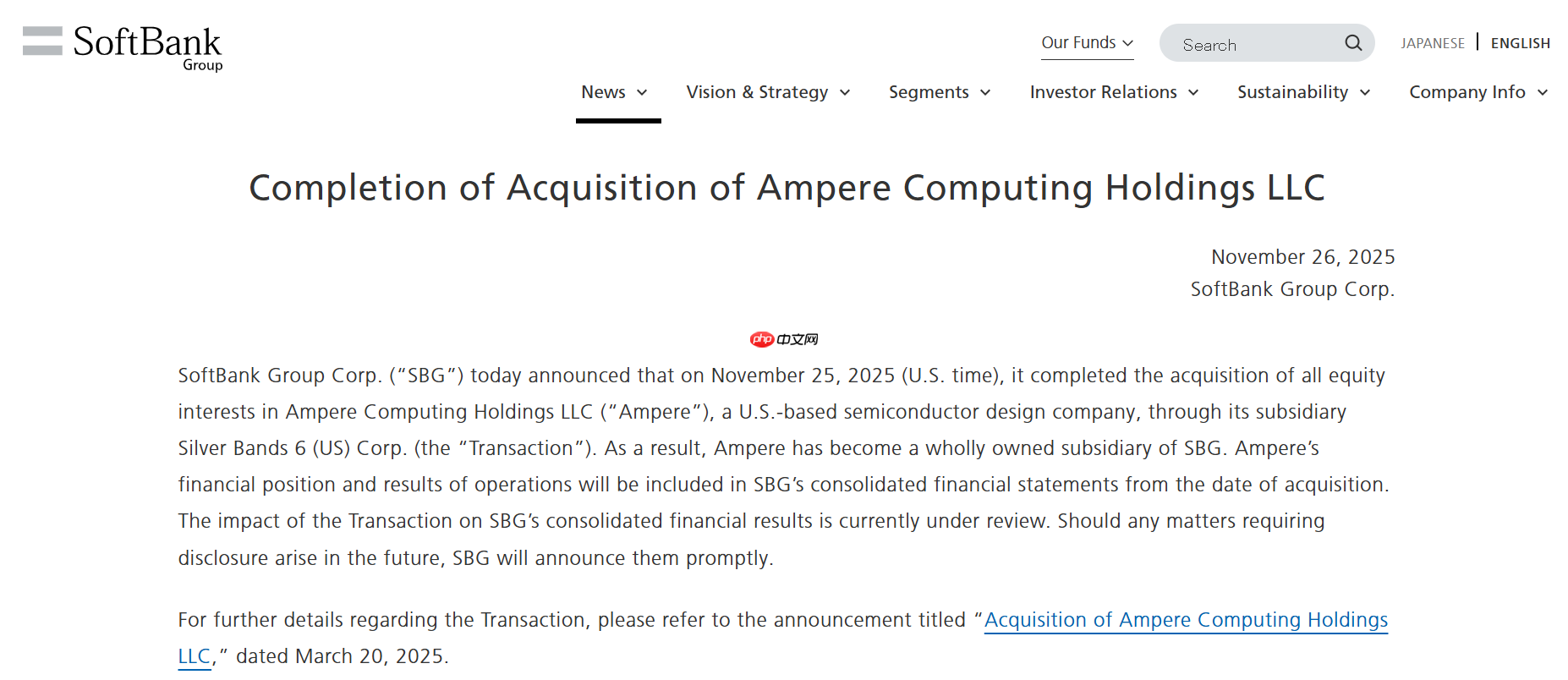 软银集团完成收购半导体设计公司 Ampere Computing