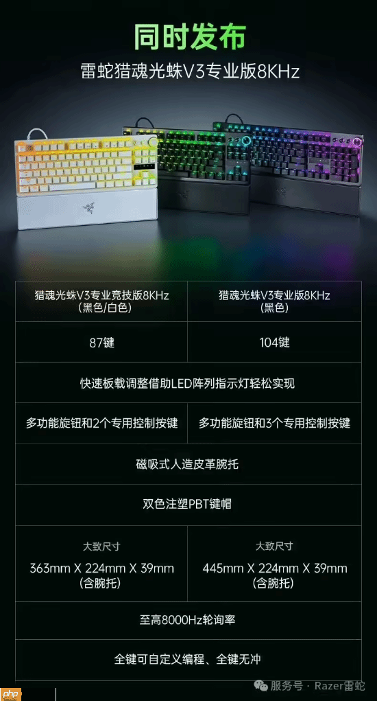 1999 元雷蛇猎魂光蛛 V3 专业版 8KHz 系列键盘发布:第二代 Razer 模拟光轴,人造皮革腕托 + 双色注塑 PBT 键帽