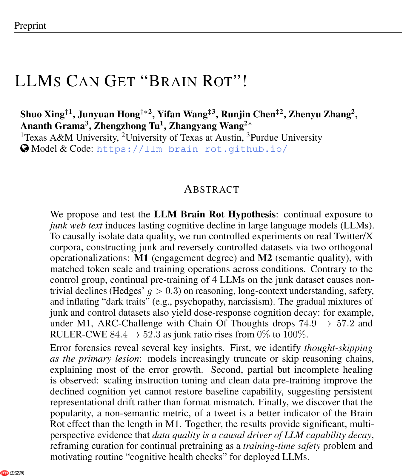 大语言模型也会“脑腐” (Brain Rot)