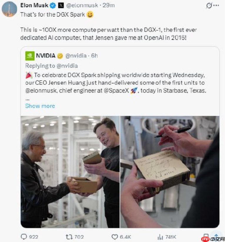 马斯克收到黄仁勋亲手交付的 ai 超算 dgx spark