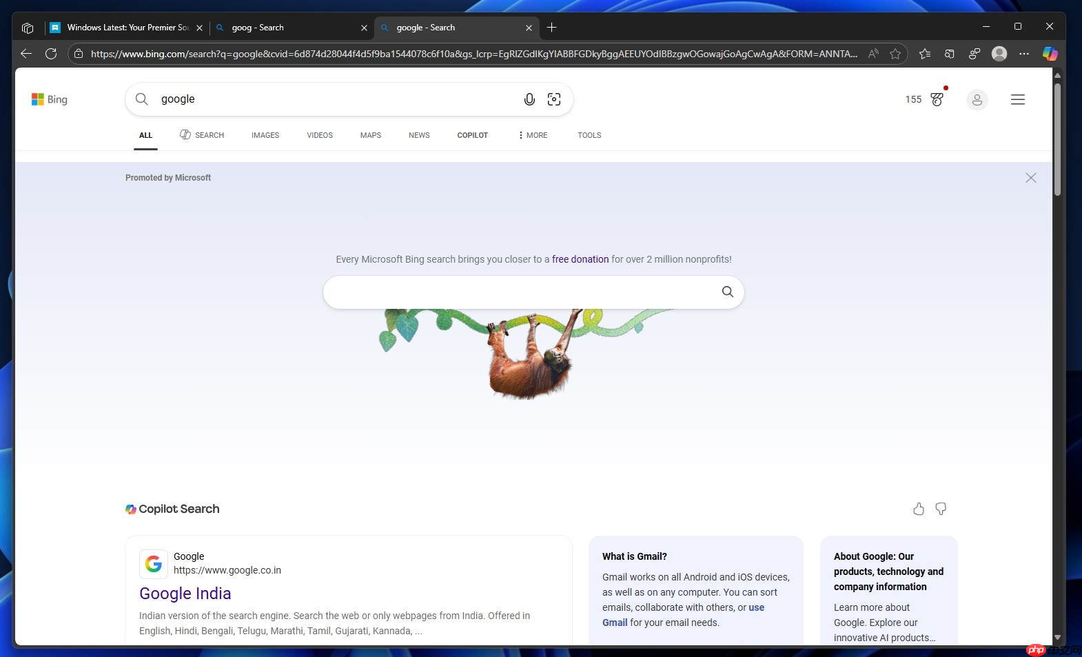 Windows 11 的 Bing 不希望你使用 Google，因此弹出了“捐赠”提示