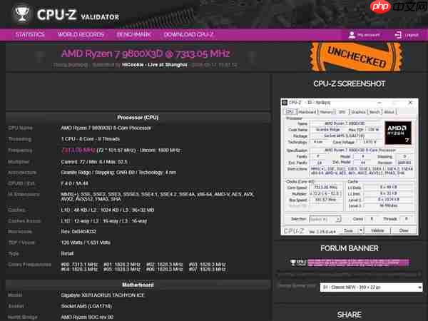 7.3GHz新纪录!HiCookie再创9800X3D+技嘉X870主板超频战绩
