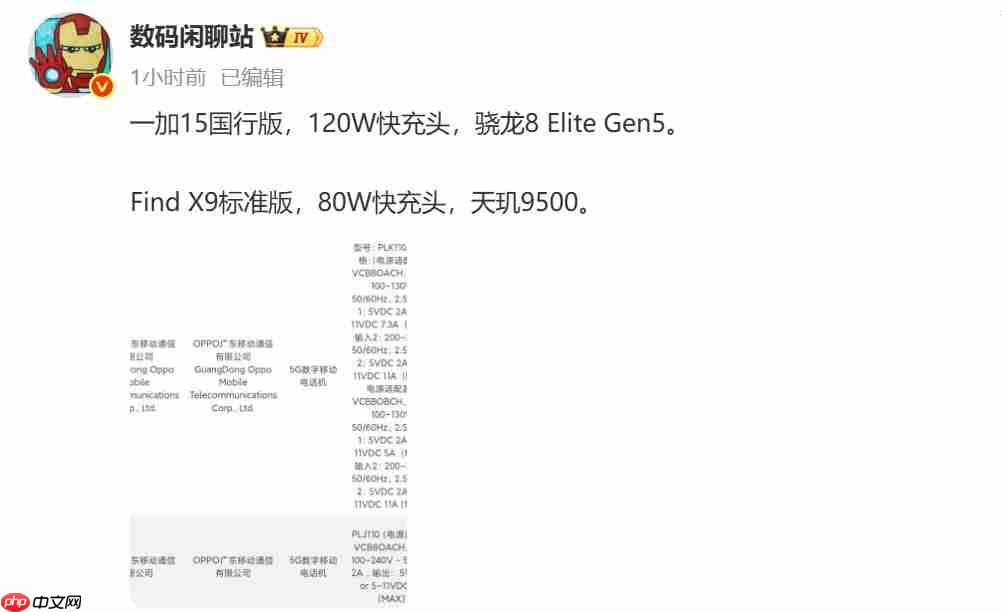 一加15搭载120W快充,OPPO Find X9标准版支持 80W:双旗舰通过3C认证