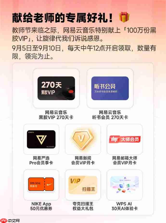 网易云音乐教师节特别活动今日上线,100 万份黑胶 VIP 免费领