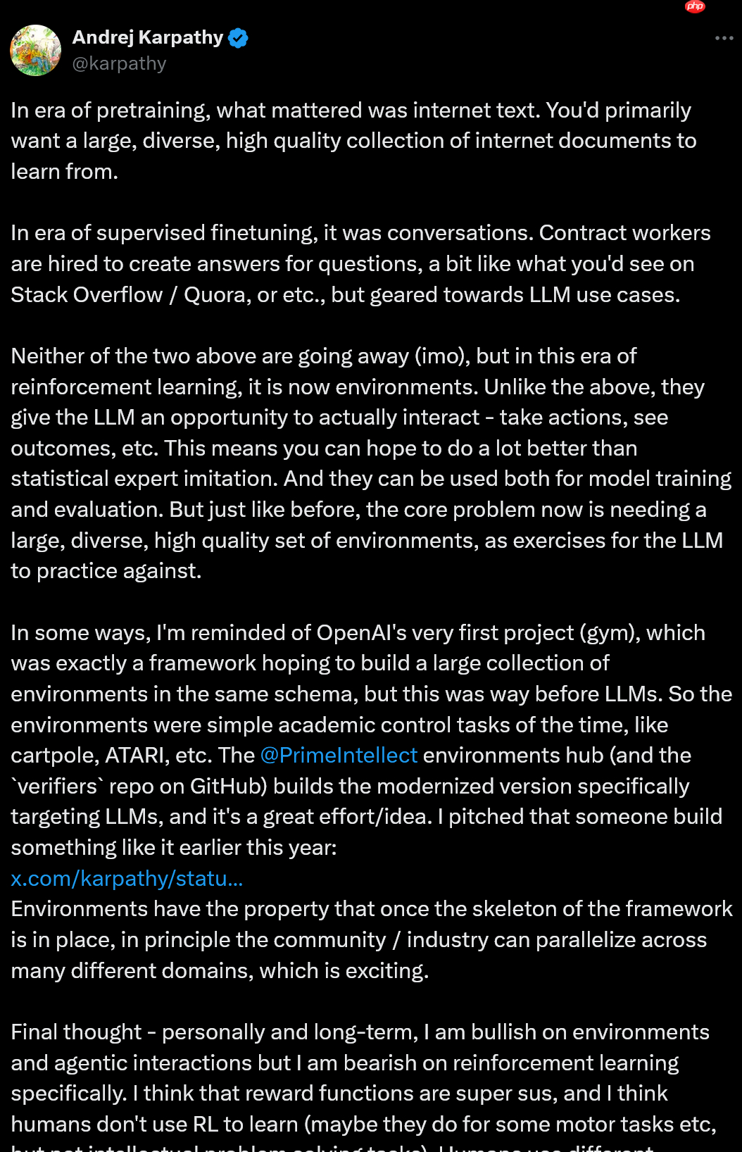 “Vibe Coding” 概念提出者 Andrej Karpathy 谈强化学习