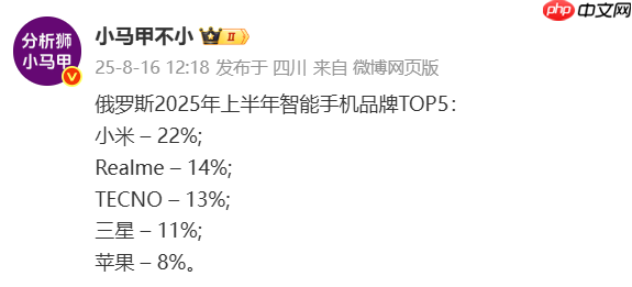 2025年上半年俄罗斯手机市场TOP5品牌:小米第一