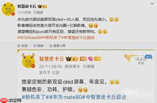 华为Mate 80参数细节曝光:双层OLED直屏+3D人脸