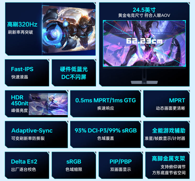 雷神黑武士 24.5 英寸显示器“CF25F300”开售：320Hz 超频高刷、1ms GTG 响应，首发 849 元