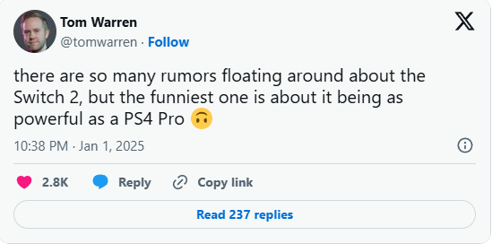 任天堂下一代Switch 2性能如何?爆料:约等于PS4 Pro