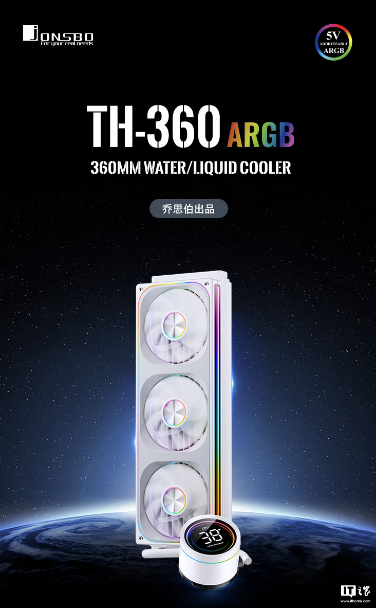 乔思伯推出 TH-240/360 系列水冷散热器：联体 4 面千层镜风扇、LED 数显冷头，349 元起