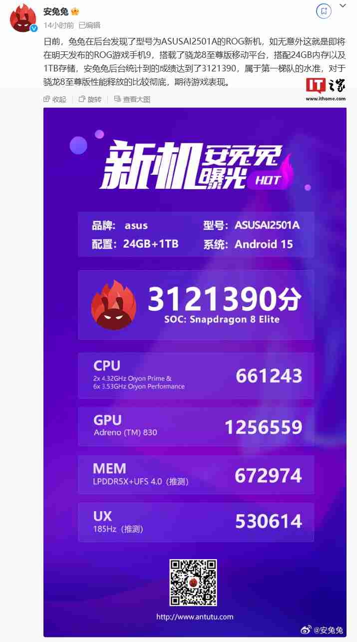 华硕 ROG 游戏手机 9 安兔兔跑分超 312 万：骁龙 8 至尊版、搭 24GB+1TB 存储组合