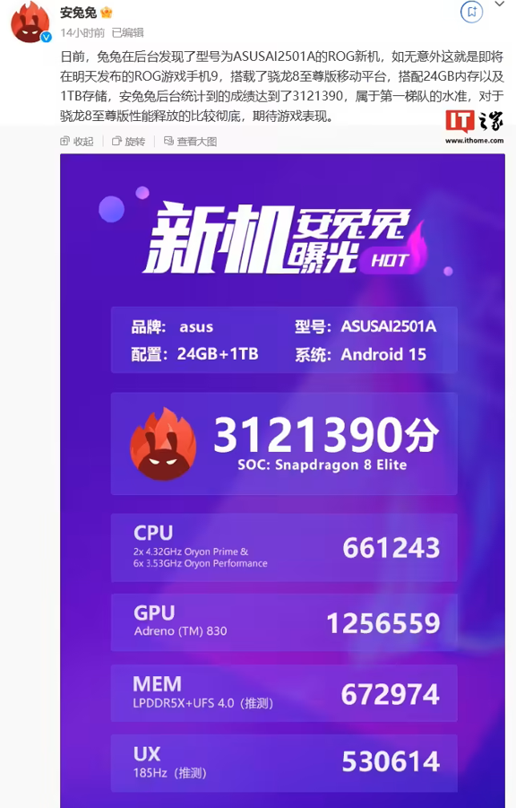 华硕rog游戏手机9安兔兔跑分超312万：骁龙8至尊版、搭24gb+1tb存储组合